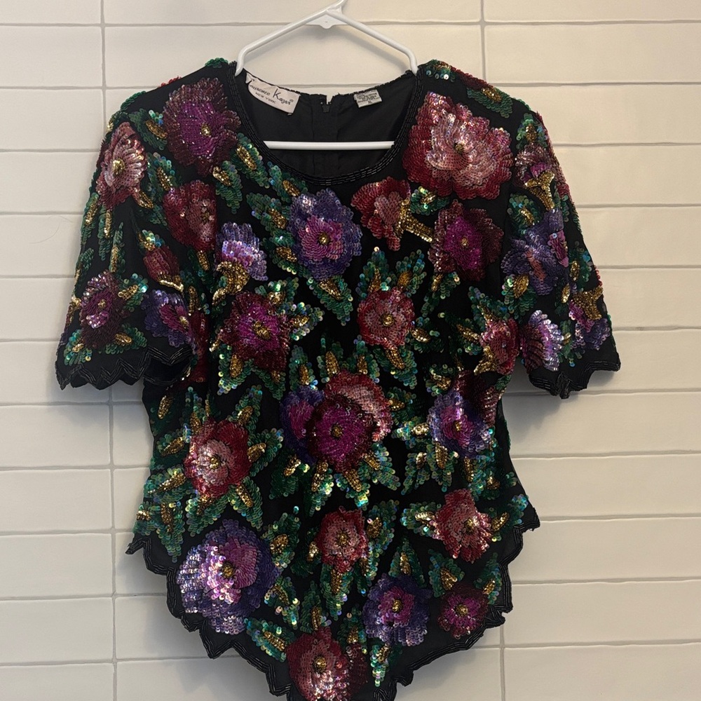Laurence Kazar Black Sequin Floral Blouse with Purple, Pink & Green Accents